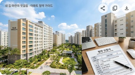 블로그 대표 이미지. 아파트 단지와 청약 신청서. 밝은 하늘 배경. 가로 16:9.