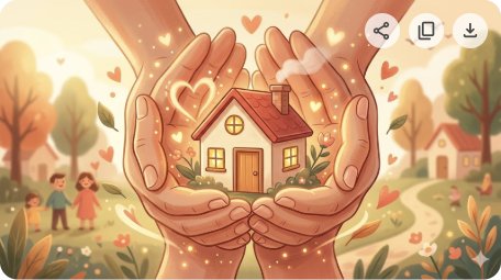 블로그 대표 이미지. 따뜻한 손이 집 아이콘을 감싸는 복지 일러스트. 따뜻한 톤. 가로 16:9.